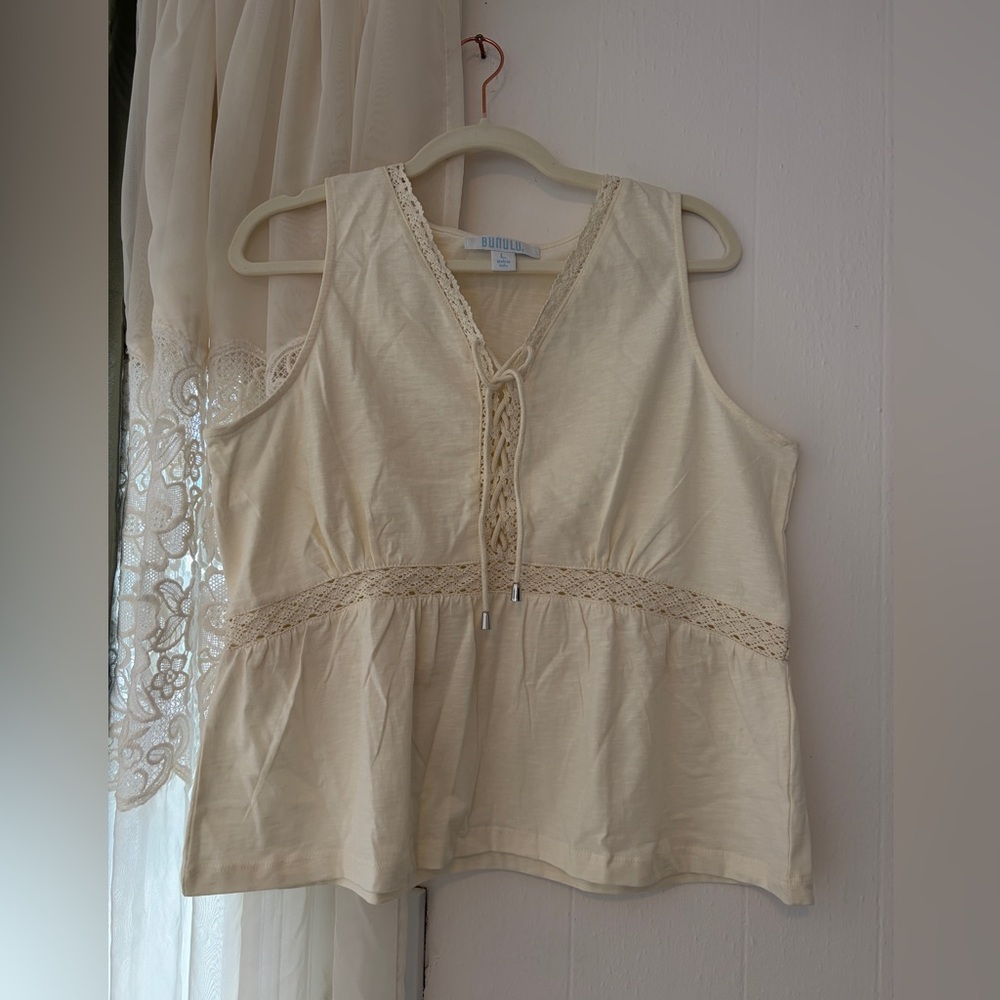 Bunulu Womens Cream Cotton Lace Up Crochet Trim Babydoll Sleeveless Top Large